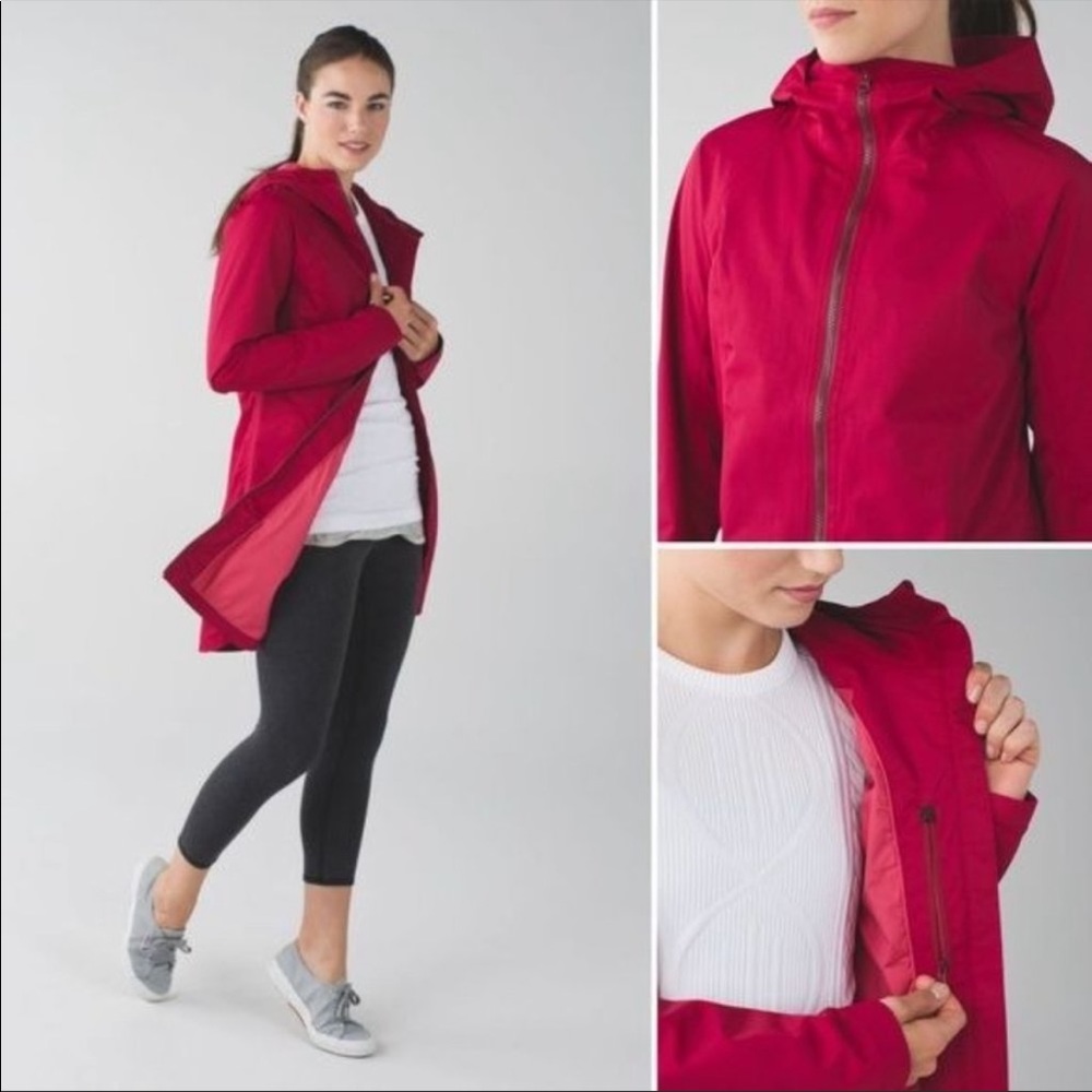 Lululemon Definitely Raining Jacket Cranberry Red Size 8 Hooded Rain Coat